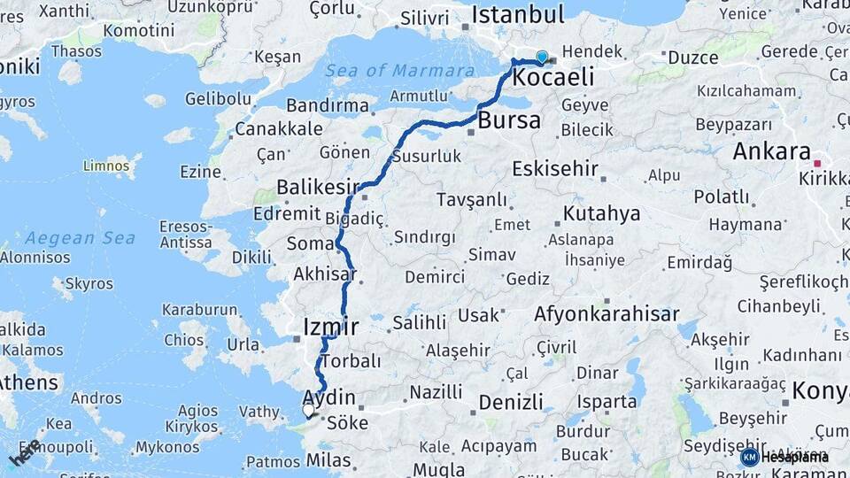 Kocaeli Derince Kuşadası Aydın Arası Kaç Km - Yol Haritası
