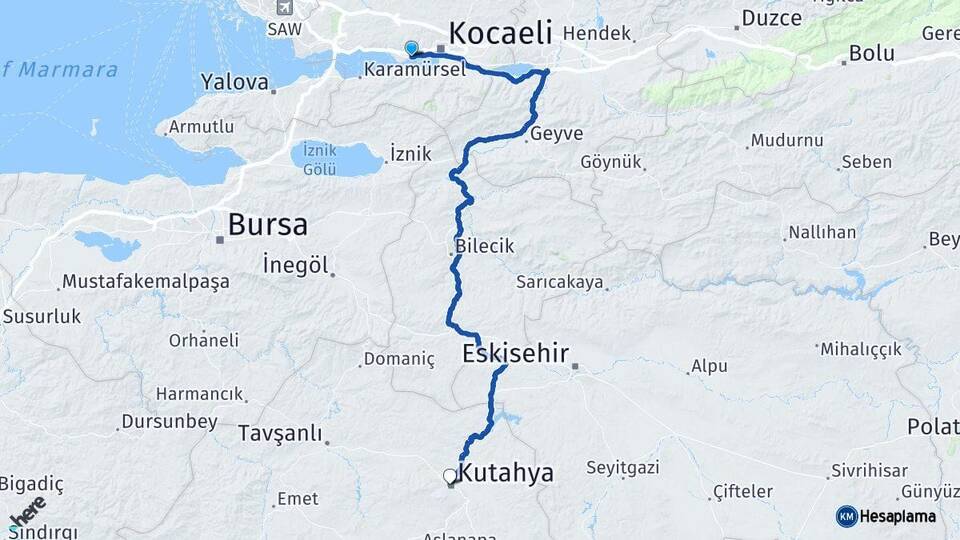 Kocaeli Derince Kütahya Arası Kaç Km - Yol Haritası