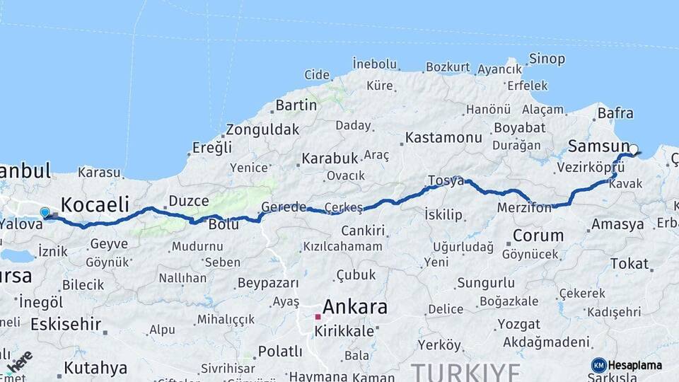 Kocaeli Derince Samsun Arası Kaç Km - Yol Haritası