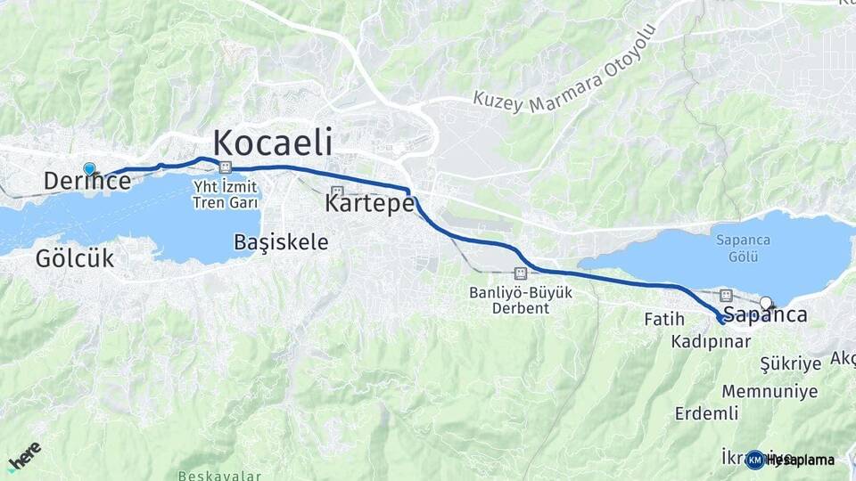 Kocaeli Derince Sapanca Sakarya Arası Kaç Km - Yol Haritası