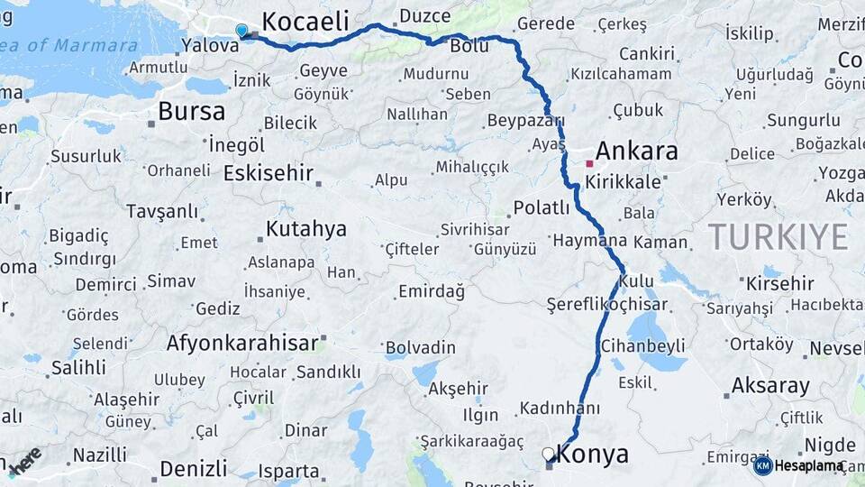 Kocaeli Derince Selçuklu Konya Arası Kaç Km - Yol Haritası
