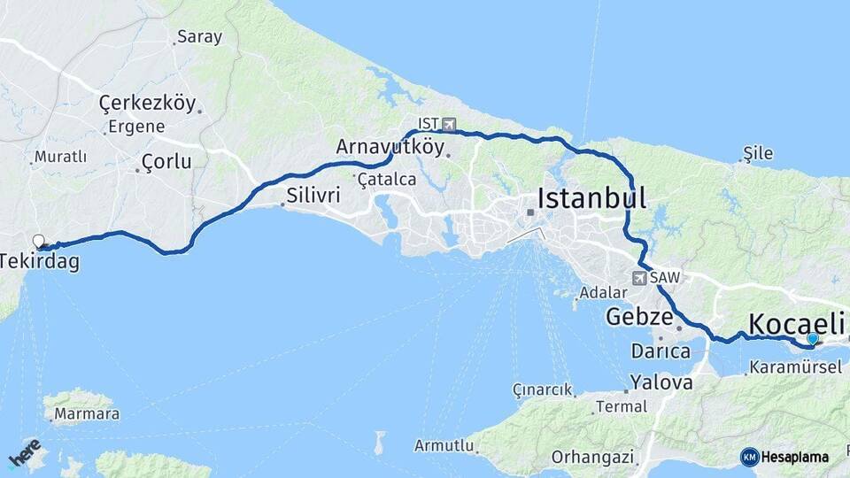 Kocaeli Derince Tekirdağ Arası Kaç Km - Yol Haritası