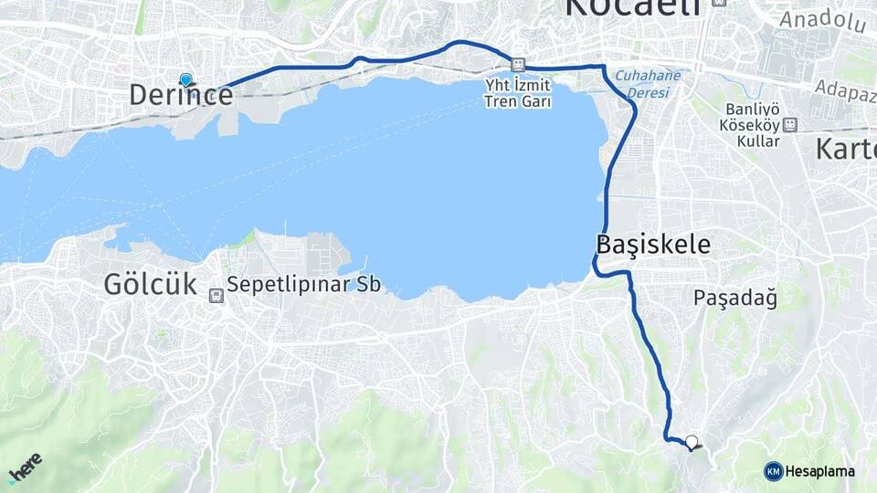 Kocaeli Derince Yuvacık Yakacık Başiskele Arası Kaç Km - Yol Haritası