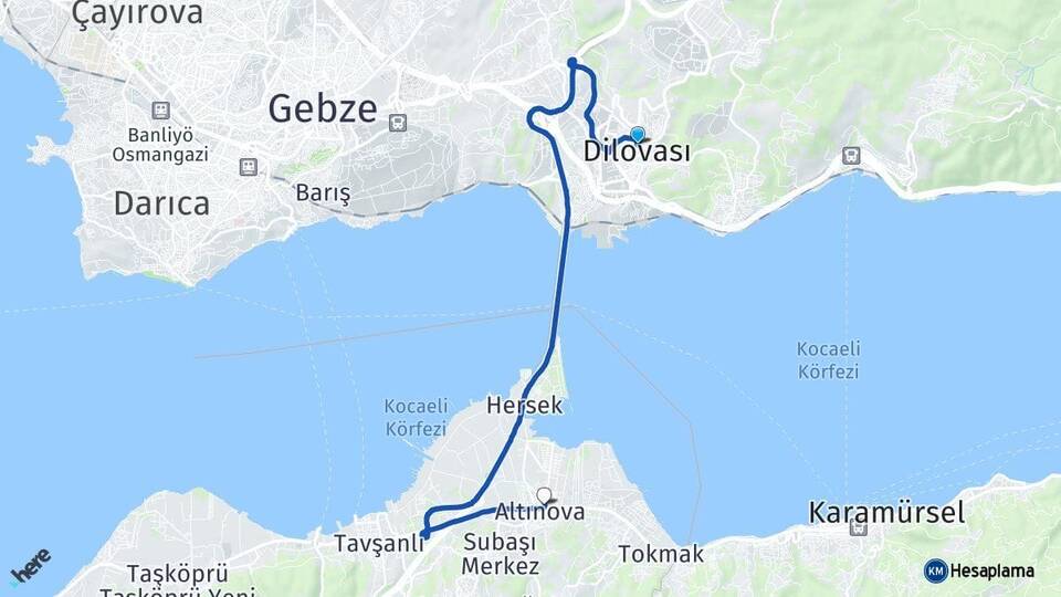 Kocaeli Dilovası Altınova Yalova Arası Kaç Km - Yol Haritası