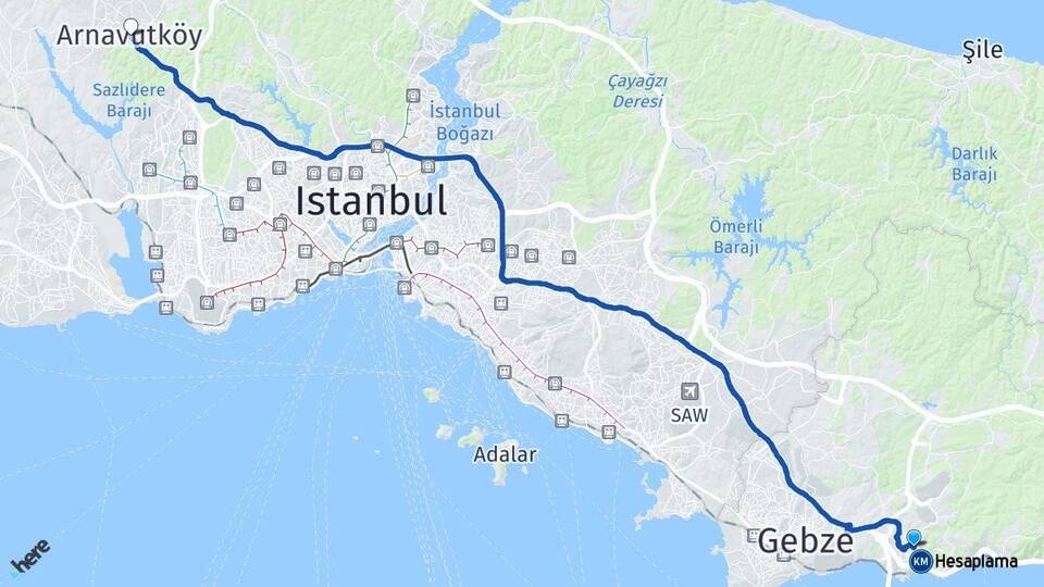 Kocaeli Dilovası Arnavutköy İstanbul Arası Kaç Km - Yol Haritası