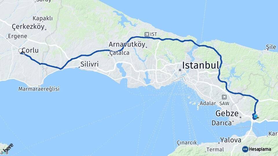 Kocaeli Dilovası Çorlu Tekirdağ Arası Kaç Km - Yol Haritası