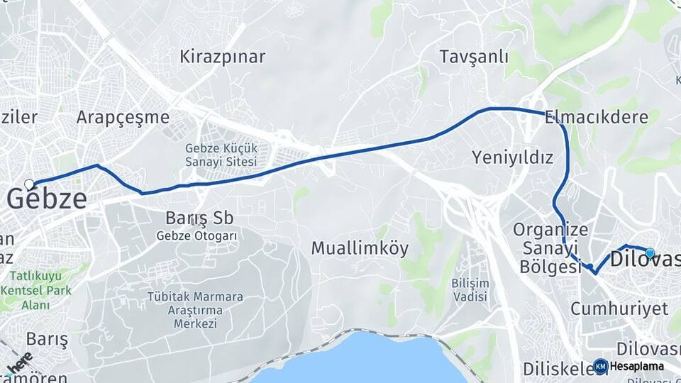 Kocaeli Dilovası Gebze Arası Kaç Km - Yol Haritası