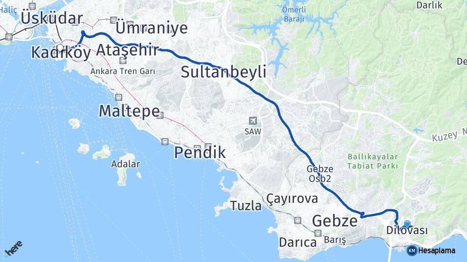 Kocaeli Dilovası Kadıköy İstanbul Arası Kaç Km - Yol Haritası