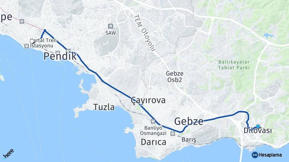 Kocaeli Dilovası Kartal İstanbul Arası Kaç Km - Yol Haritası