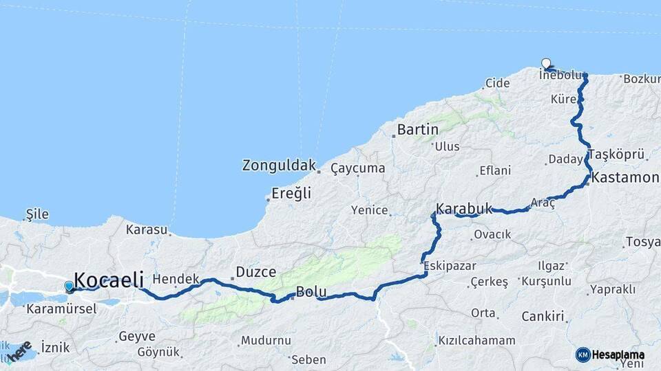 Kocaeli Doğanyurt Kastamonu Arası Kaç Km - Yol Haritası