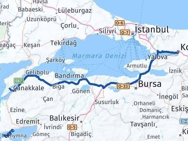 Kocaeli Eceabat Çanakkale Arası Kaç Km - Yol Haritası