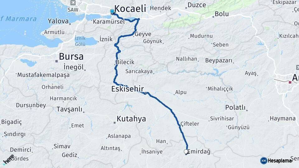 Kocaeli Emirdağ Afyonkarahisar Arası Kaç Km - Yol Haritası