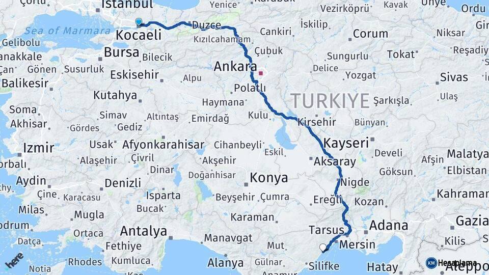 Kocaeli Erdemli Mersin Arası Kaç Km - Yol Haritası