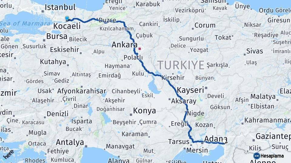 Kocaeli Erzin Hatay Arası Kaç Km - Yol Haritası