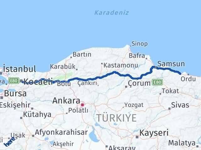 Kocaeli Fatsa Ordu Arası Kaç Km - Yol Haritası