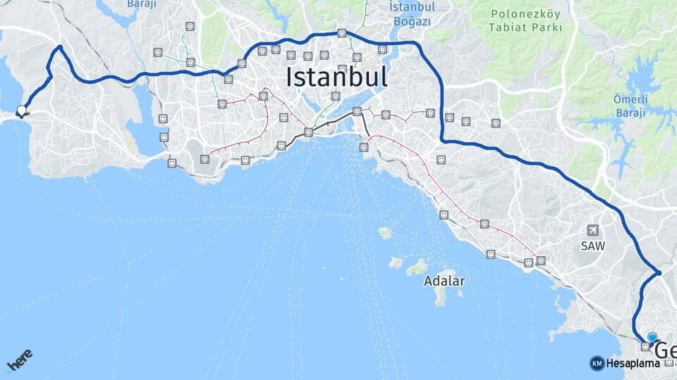Kocaeli Gebze Beylikbağı Büyükçekmece İstanbul Arası Kaç Km - Yol Haritası