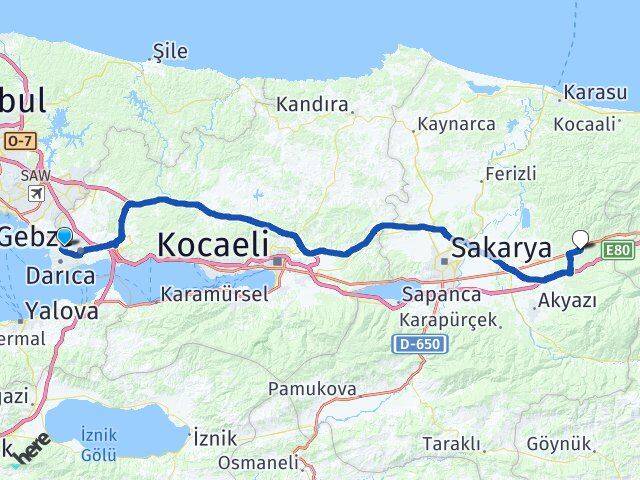 Kocaeli Gebze Beylikbağı Hendek Sakarya Arası Kaç Km - Yol Haritası