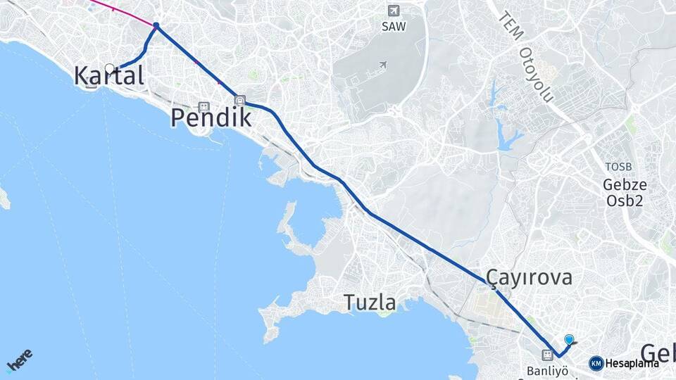 Kocaeli Gebze Beylikbağı Kartal İstanbul Arası Kaç Km - Yol Haritası