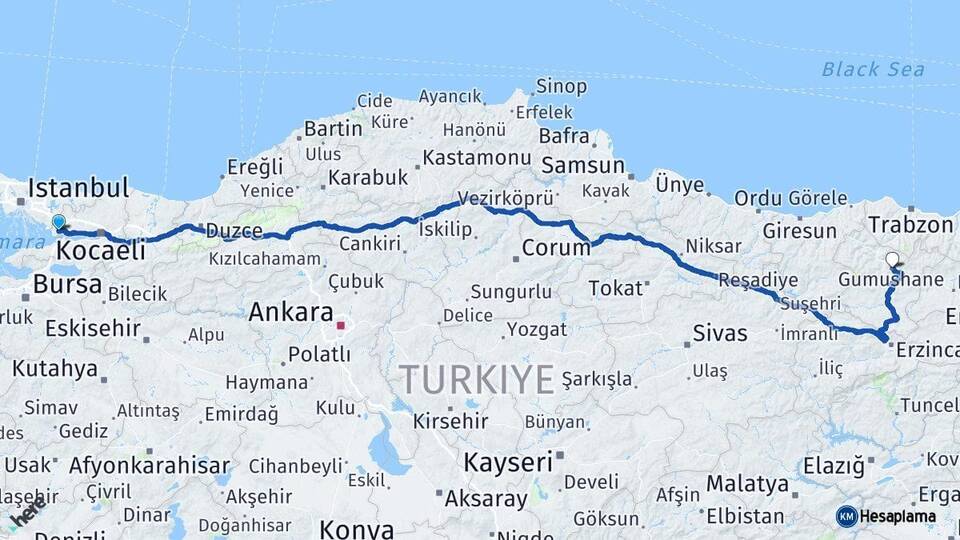 Kocaeli Gebze Gümüşhane Arası Kaç Km - Yol Haritası