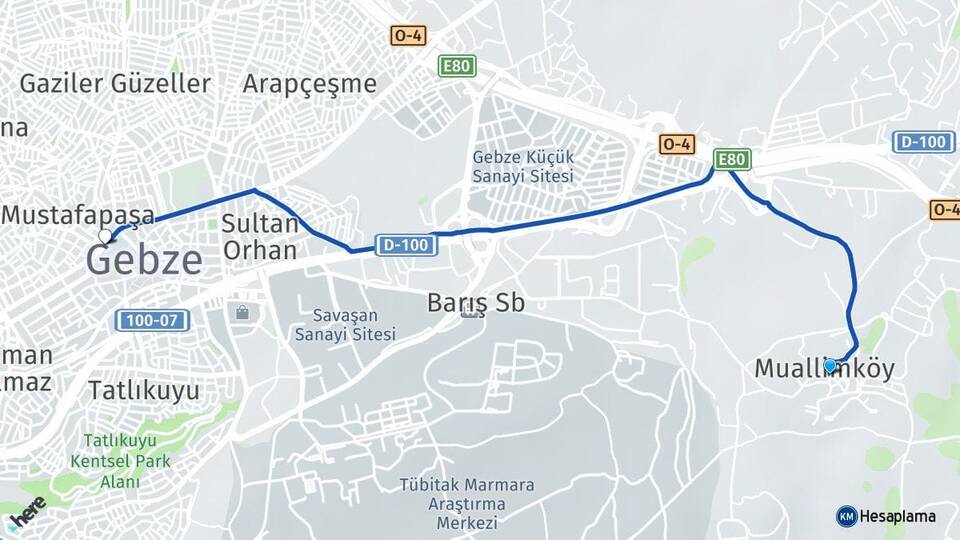 Kocaeli Gebze Muallimköy Gebze Arası Kaç Km - Yol Haritası