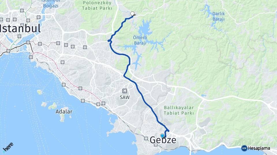 Kocaeli Gebze Ömerli Çekmeköy İstanbul Arası Kaç Km - Yol Haritası