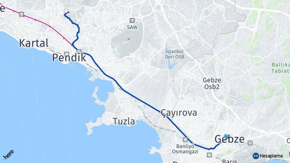 Kocaeli Gebze Yakacık Çarşı Kartal İstanbul Arası Kaç Km - Yol Haritası