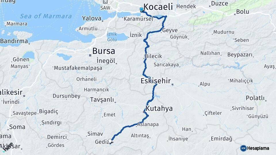 Kocaeli Gediz Kütahya Arası Kaç Km - Yol Haritası