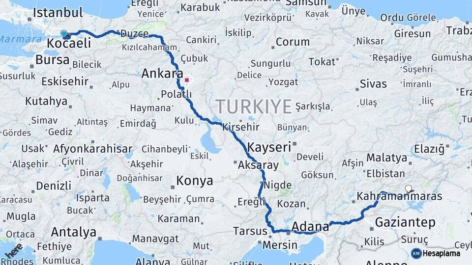 Kocaeli Gölcük Adıyaman Arası Kaç Km - Yol Haritası