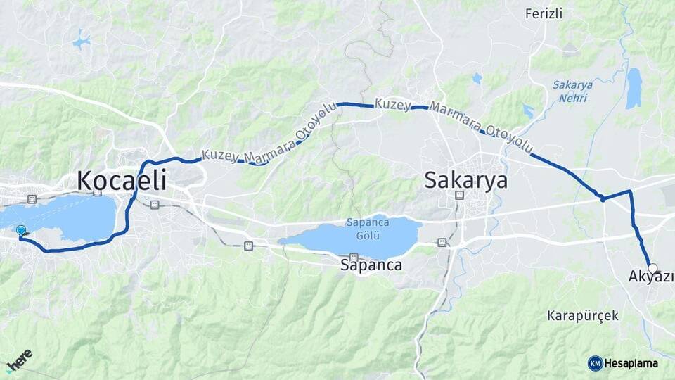 Kocaeli Gölcük Akyazı Sakarya Arası Kaç Km - Yol Haritası