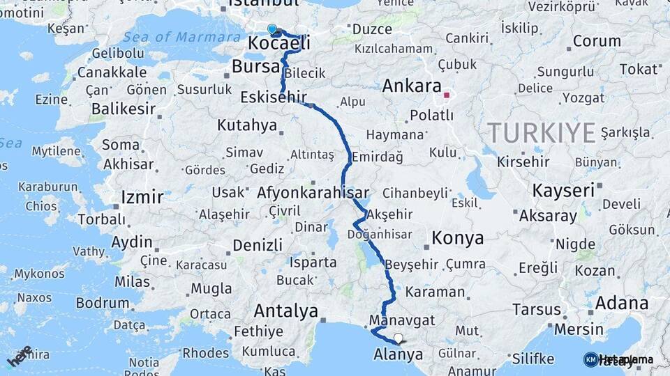 Kocaeli Gölcük Alanya Antalya Arası Kaç Km - Yol Haritası