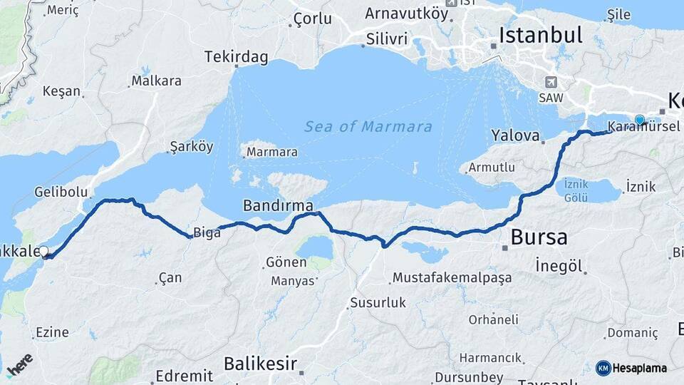 Kocaeli Gölcük Çanakkale Arası Kaç Km - Yol Haritası