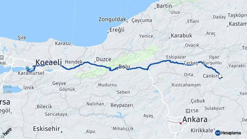 Kocaeli Gölcük Çankırı Arası Kaç Km - Yol Haritası