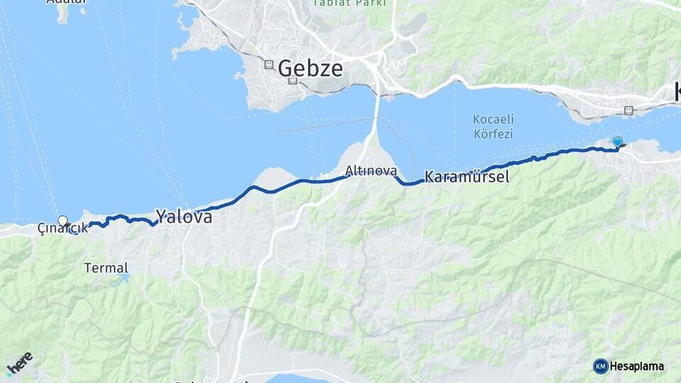 Kocaeli Gölcük Çınarcık Yalova Arası Kaç Km - Yol Haritası