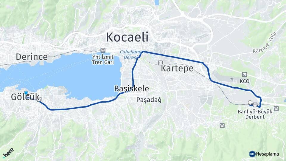 Kocaeli Gölcük Derbent Kartepe Arası Kaç Km - Yol Haritası
