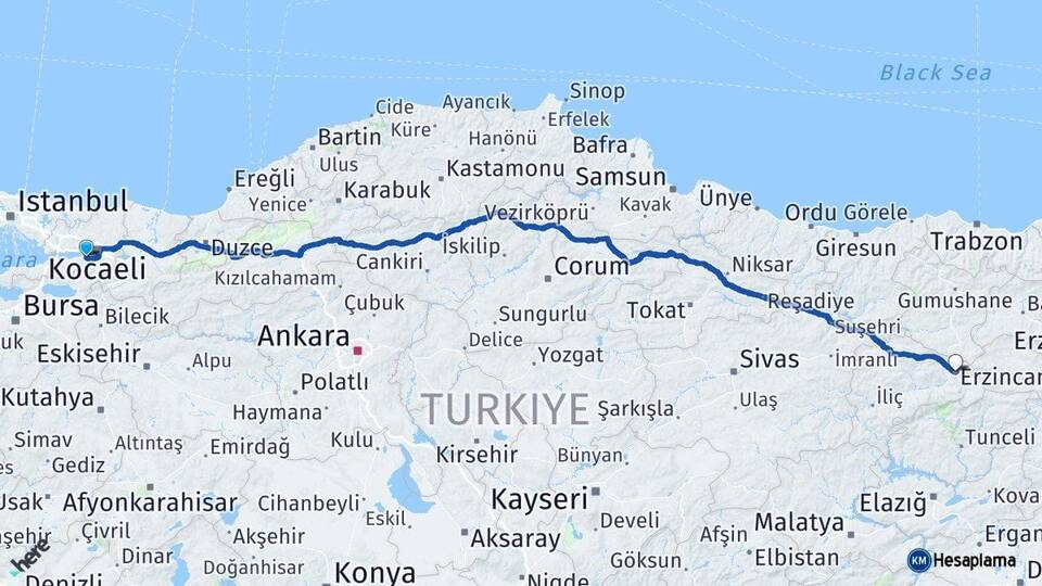Kocaeli Gölcük Erzincan Arası Kaç Km - Yol Haritası