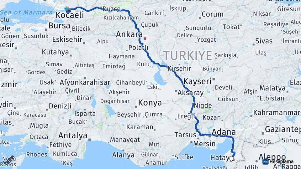 Kocaeli Gölcük Hatay Arası Kaç Km - Yol Haritası