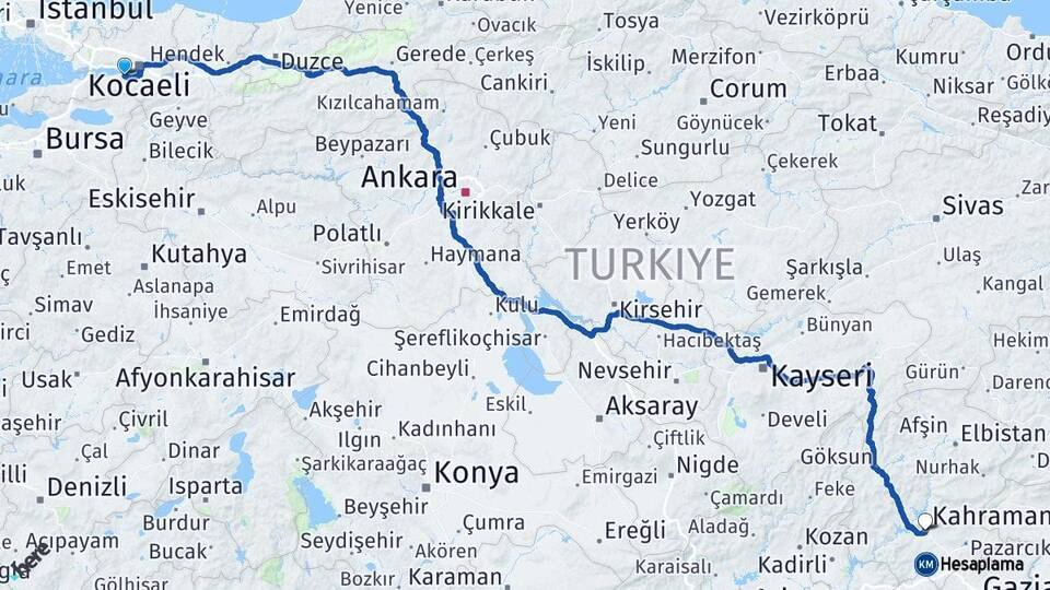 Kocaeli Gölcük Kahramanmaraş Arası Kaç Km - Yol Haritası