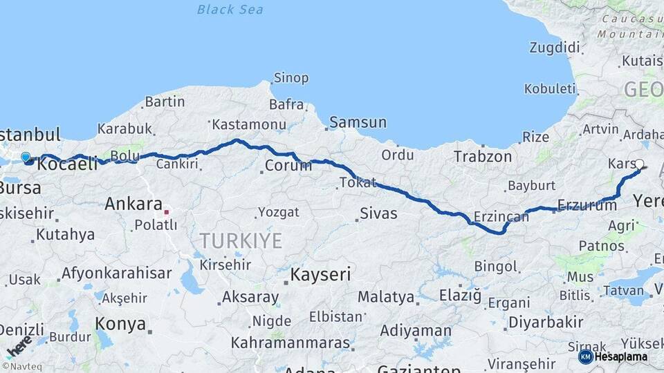 Kocaeli Gölcük Kars Arası Kaç Km - Yol Haritası