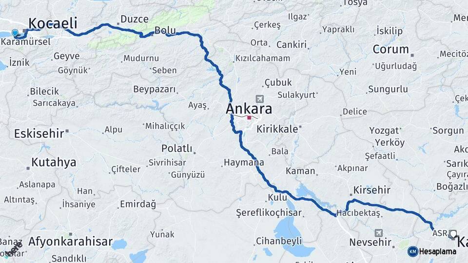 Kocaeli Gölcük Kayseri Arası Kaç Km - Yol Haritası