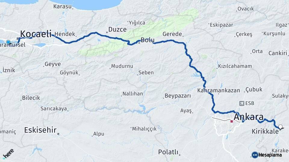 Kocaeli Gölcük Kırıkkale Arası Kaç Km - Yol Haritası