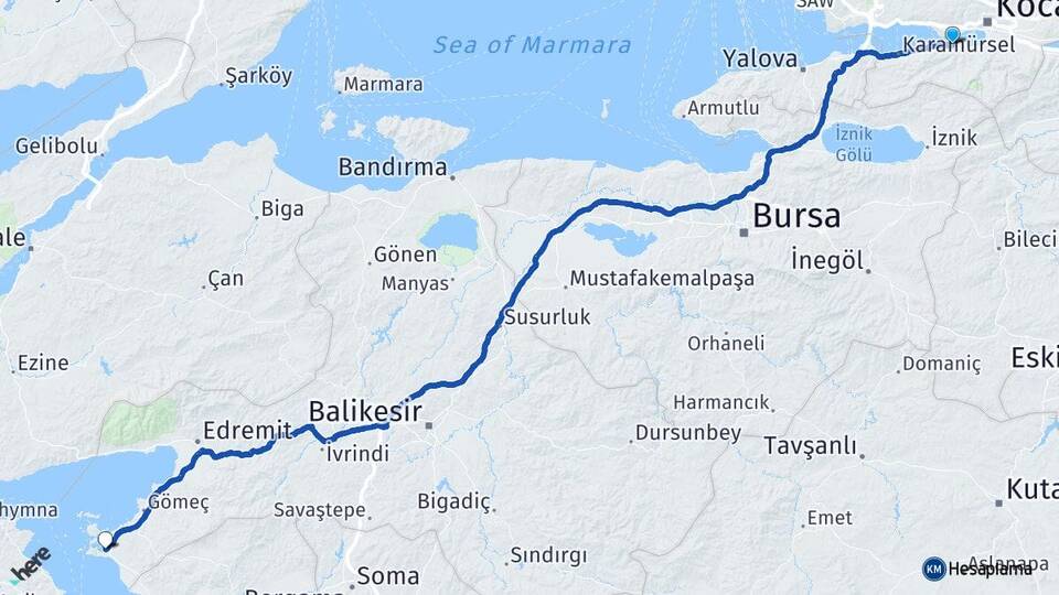 Kocaeli Gölcük Küçükköy Ayvalık Balıkesir Arası Kaç Km - Yol Haritası
