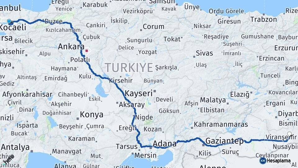 Kocaeli Gölcük Mardin Arası Kaç Km - Yol Haritası