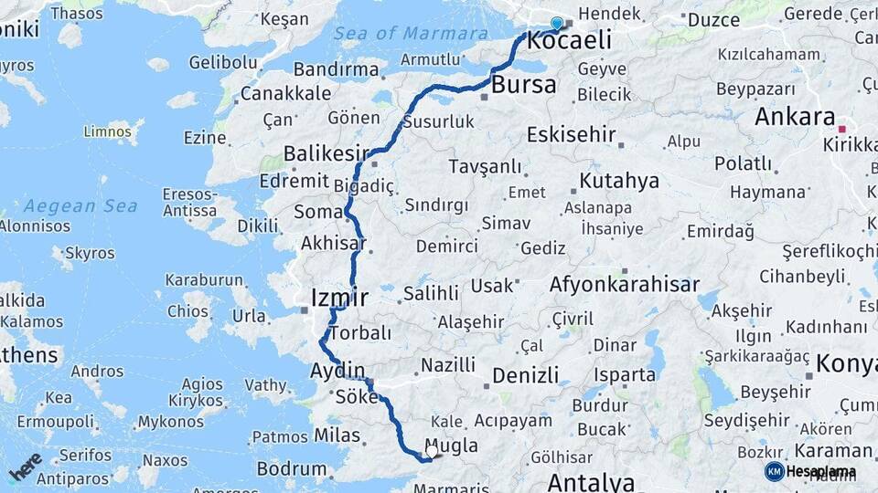 Kocaeli Gölcük Muğla Arası Kaç Km - Yol Haritası