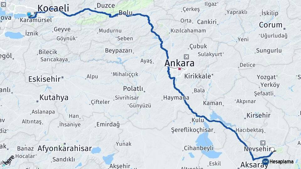 Kocaeli Gölcük Nevşehir Arası Kaç Km - Yol Haritası