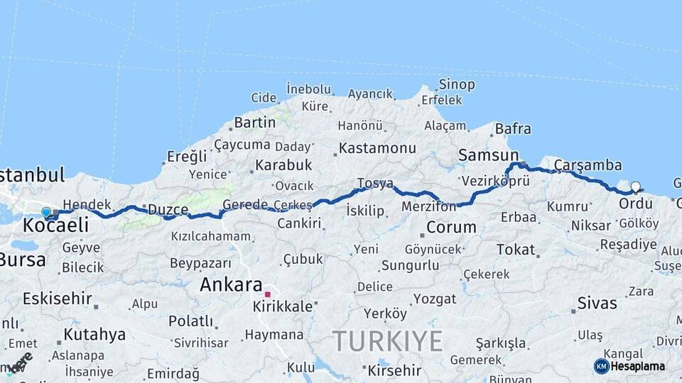 Kocaeli Gölcük Ordu Arası Kaç Km - Yol Haritası