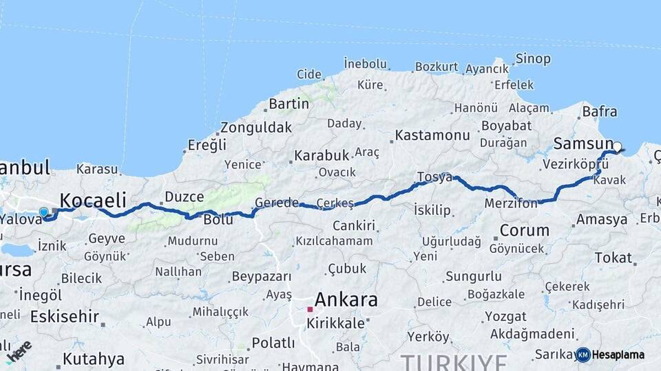 Kocaeli Gölcük Samsun Arası Kaç Km - Yol Haritası