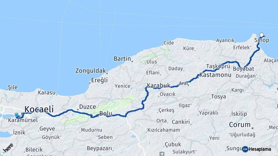 Kocaeli Gölcük Sinop Arası Kaç Km - Yol Haritası