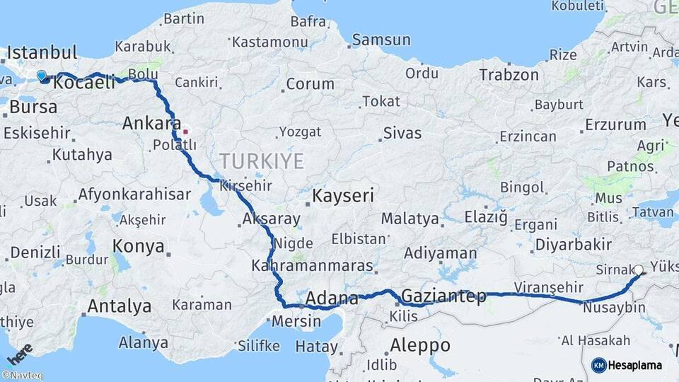 Kocaeli Gölcük Şırnak Arası Kaç Km - Yol Haritası