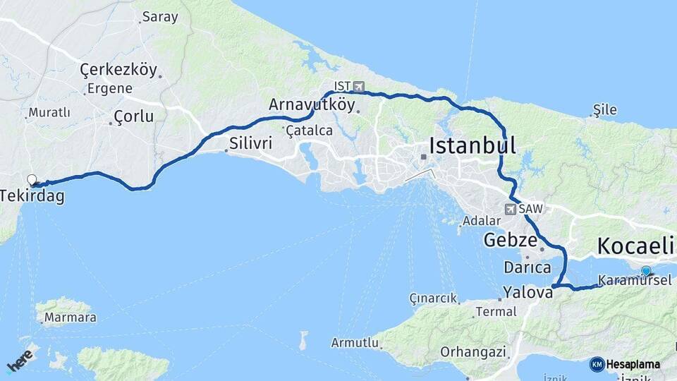 Kocaeli Gölcük Tekirdağ Arası Kaç Km - Yol Haritası