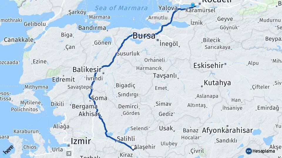 Kocaeli Gölcük Topçular Alaşehir Manisa Arası Kaç Km - Yol Haritası